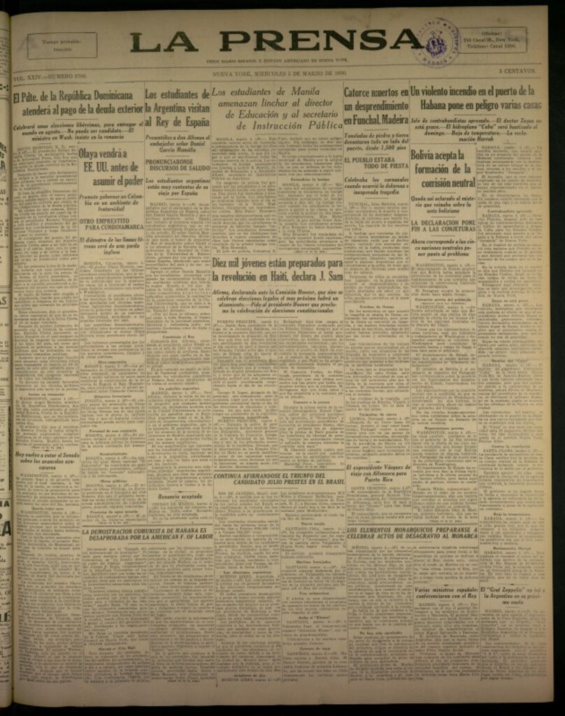 Miniatura de La Prensa: único diario español e hispano americano en Nueva York del 5 de marzo de 1930, nº 3788