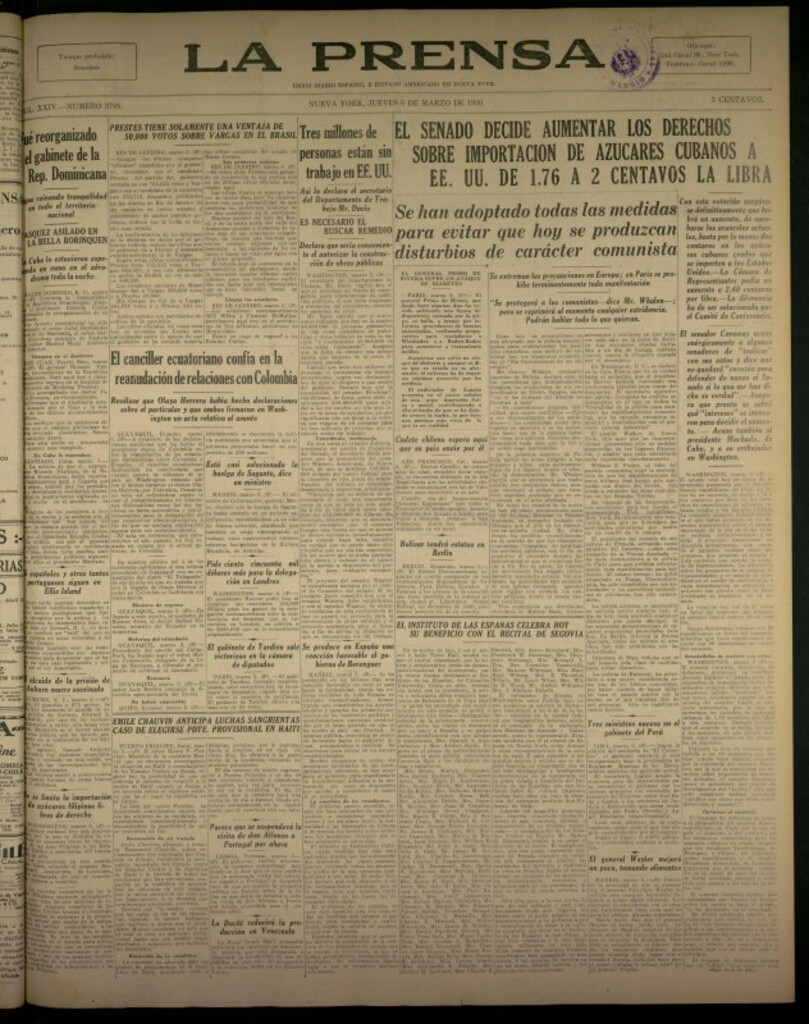 Miniatura de La Prensa: único diario español e hispano americano en Nueva York del 6 de marzo de 1930, nº 3789