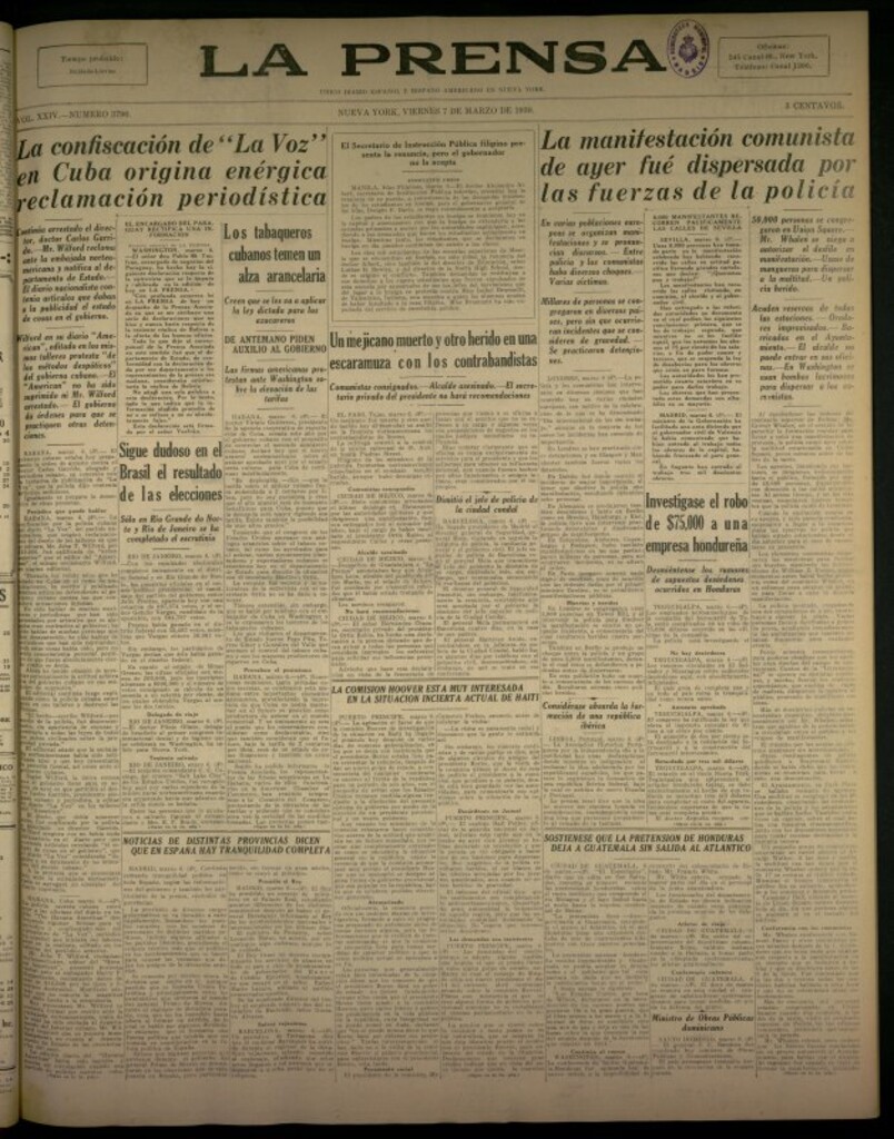 Miniatura de La Prensa: único diario español e hispano americano en Nueva York del 7 de marzo de 1930, nº 3790