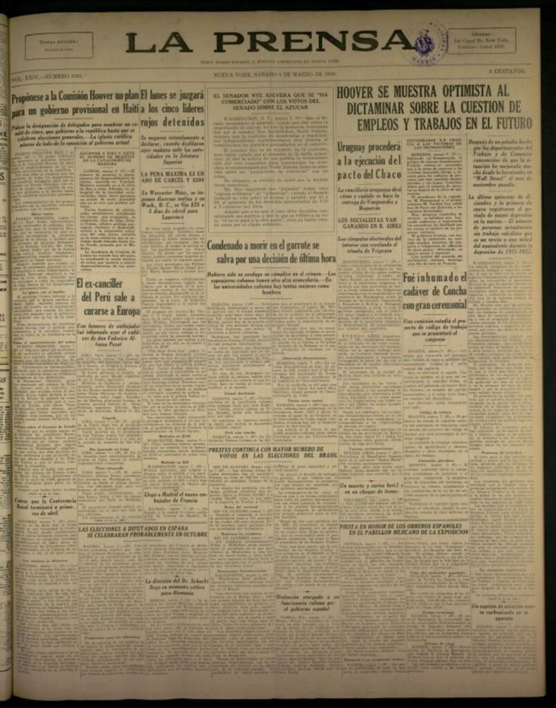 Miniatura de La Prensa: único diario español e hispano americano en Nueva York del 8 de marzo de 1930, nº 3791