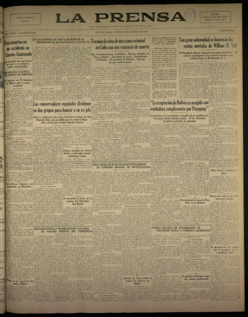 Miniatura de La Prensa: único diario español e hispano americano en Nueva York del 10 de marzo de 1930, nº 3792
