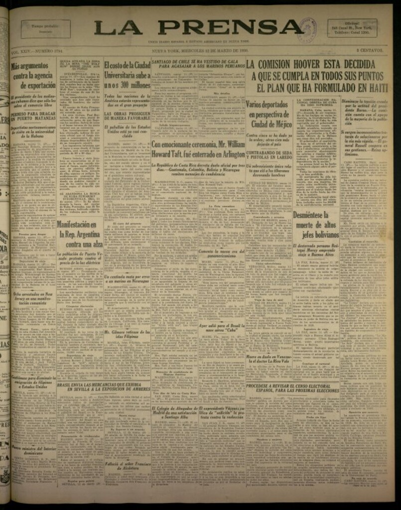 Miniatura de La Prensa: único diario español e hispano americano en Nueva York del 12 de marzo de 1930, nº 3794