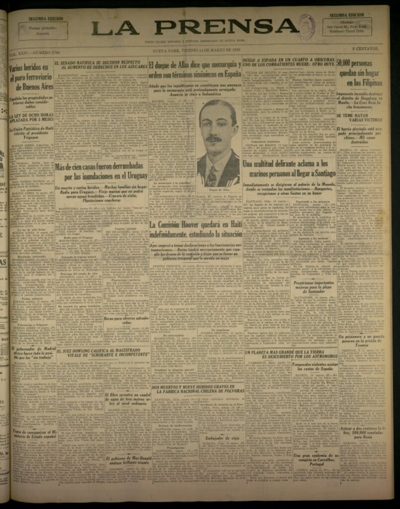 Miniatura de La Prensa: único diario español e hispano americano en Nueva York del 14 de marzo de 1930, nº 3796