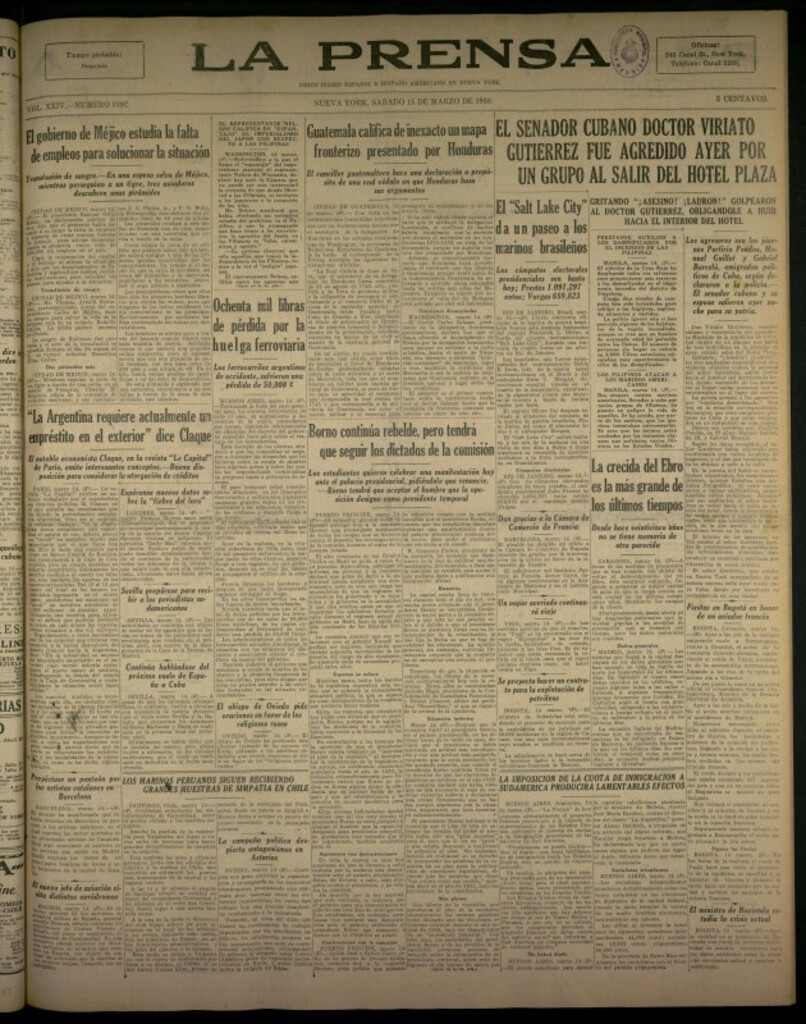 Miniatura de La Prensa: único diario español e hispano americano en Nueva York del 15 de marzo de 1930, nº 3797