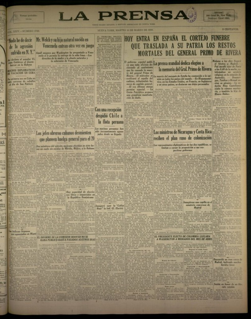 Miniatura de La Prensa: único diario español e hispano americano en Nueva York del 18 de marzo de 1930, nº 3799