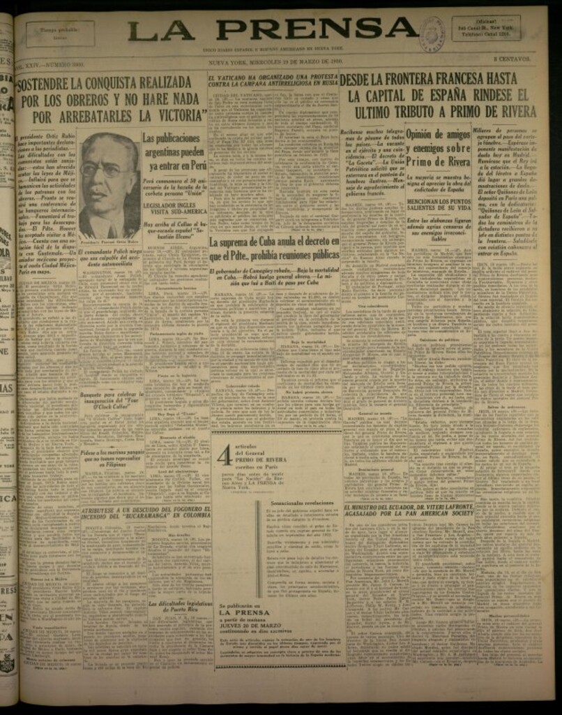 Miniatura de La Prensa: único diario español e hispano americano en Nueva York del 19 de marzo de 1930, nº 3800