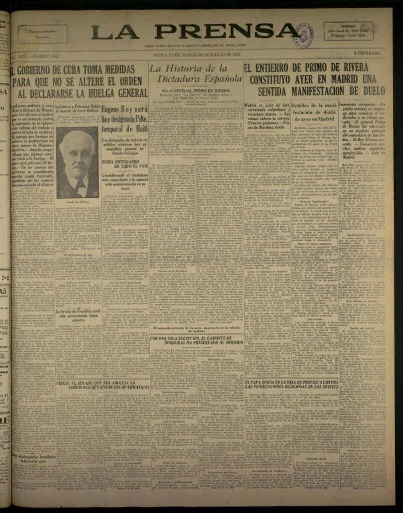 Miniatura de La Prensa: único diario español e hispano americano en Nueva York del 20 de marzo de 1930, nº 3801