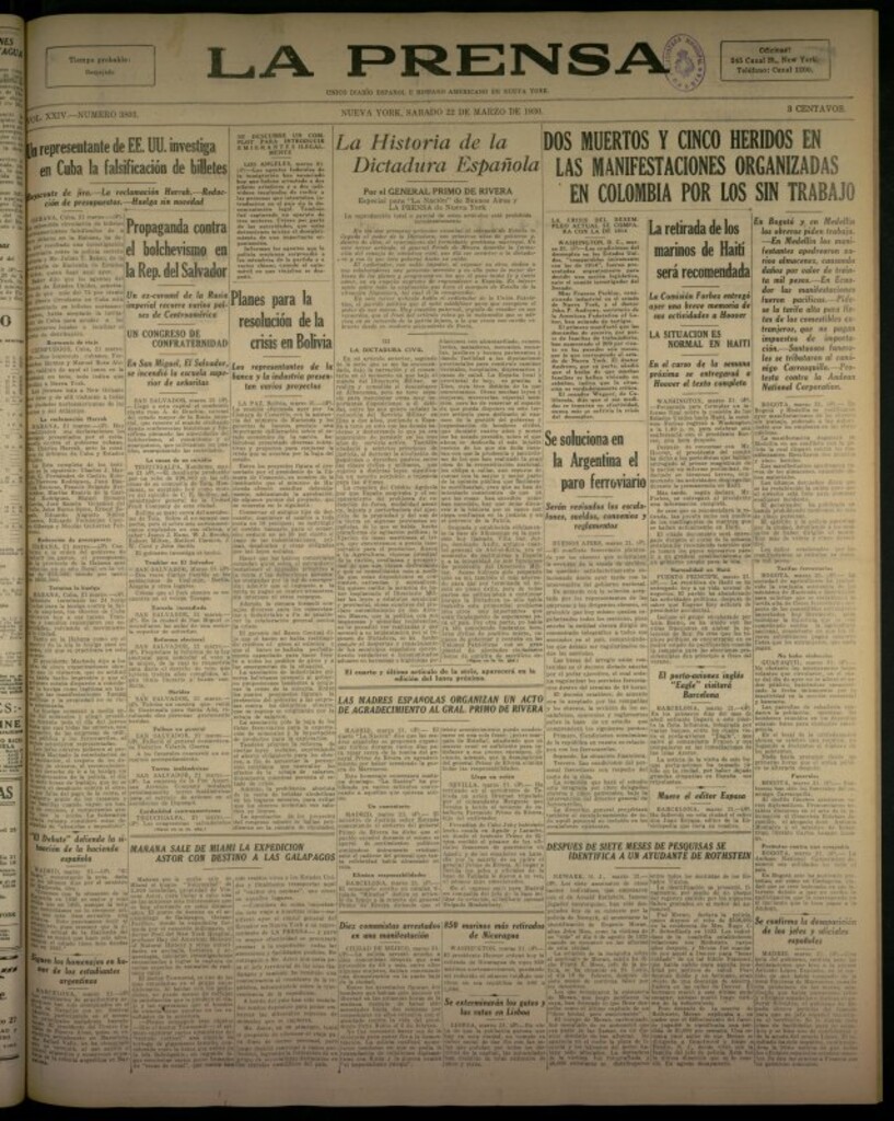 Miniatura de La Prensa: único diario español e hispano americano en Nueva York del 22 de marzo de 1930, nº 3803