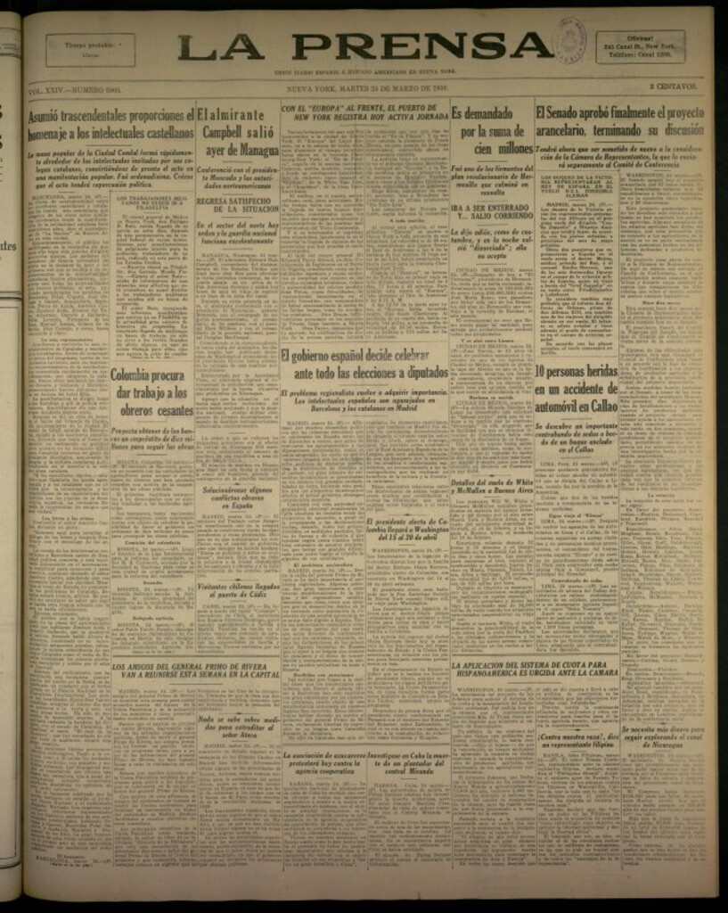 Miniatura de La Prensa: único diario español e hispano americano en Nueva York del 25 de marzo de 1930, nº 3805