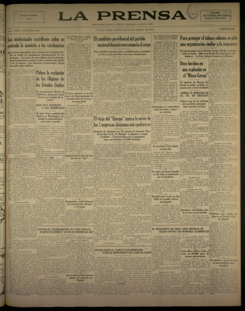 Miniatura de La Prensa: único diario español e hispano americano en Nueva York del 26 de marzo de 1930, nº 3806