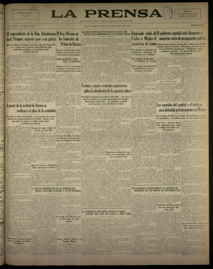 Miniatura de La Prensa: único diario español e hispano americano en Nueva York del 27 de marzo de 1930, nº 3807
