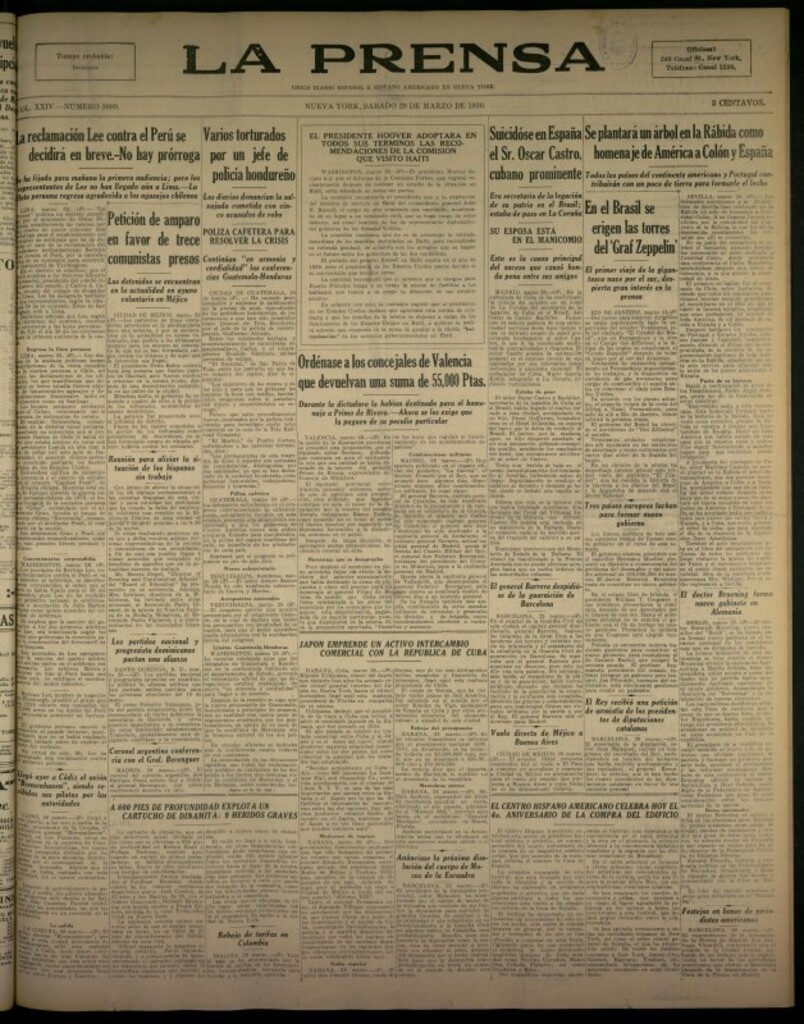 Miniatura de La Prensa: único diario español e hispano americano en Nueva York del 29 de marzo de 1930, nº 3809