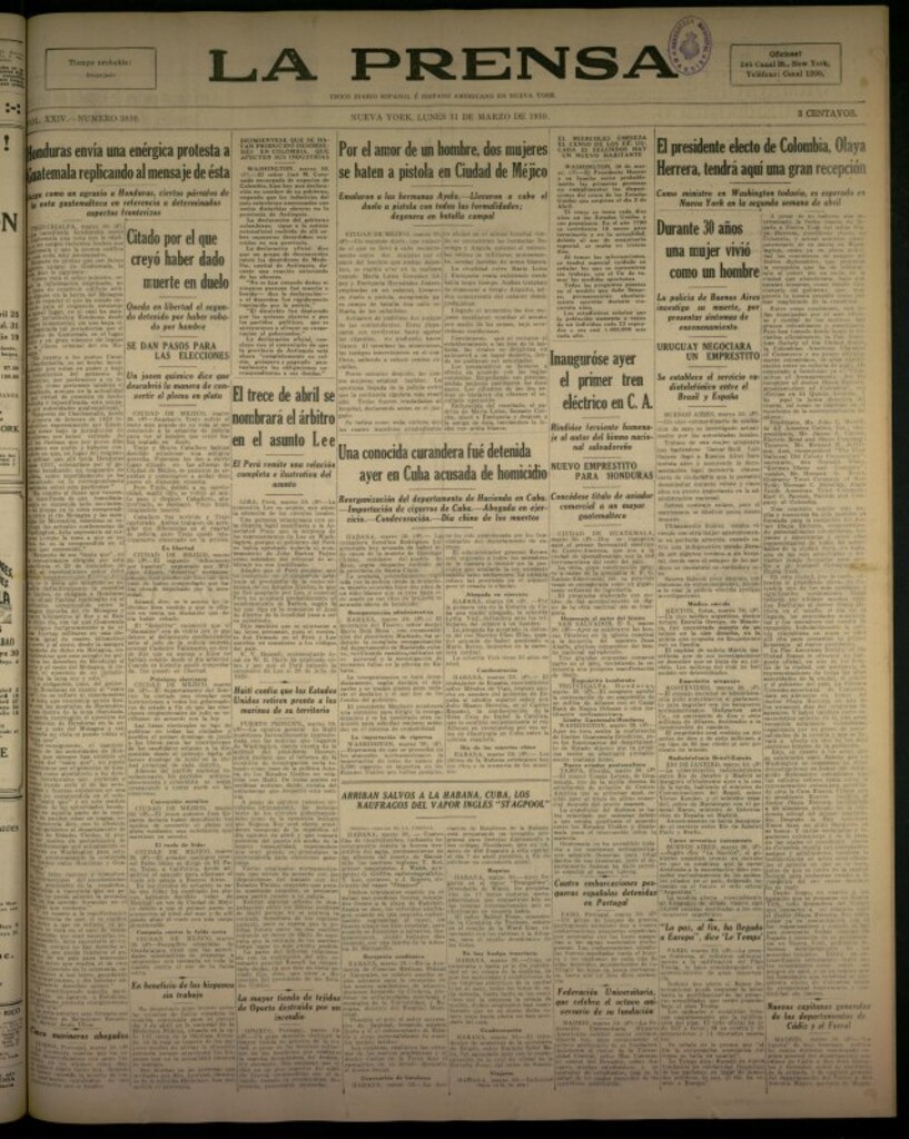Miniatura de La Prensa: único diario español e hispano americano en Nueva York del 31 de marzo de 1930, nº 3810