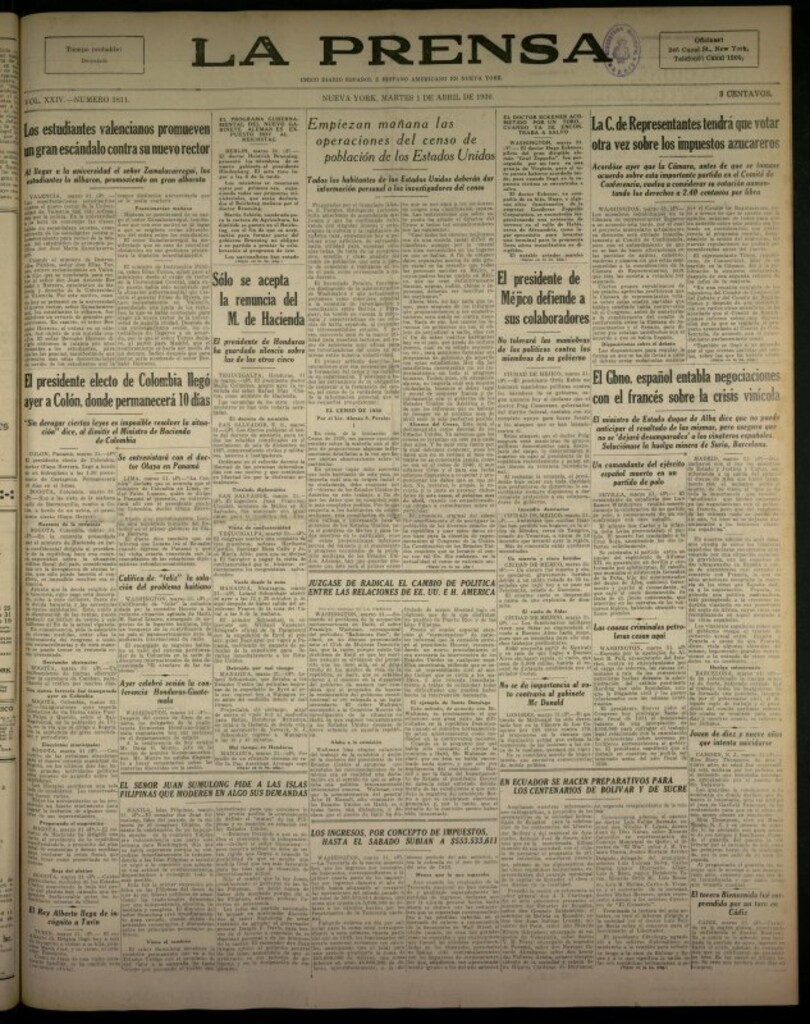 Miniatura de La Prensa: único diario español e hispano americano en Nueva York del 1 de abril de 1930, nº 3811