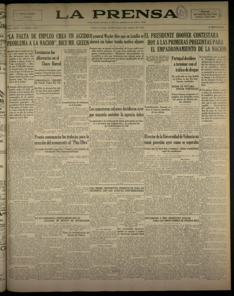 Miniatura de La Prensa: único diario español e hispano americano en Nueva York del 2 de abril de 1930, nº 3812