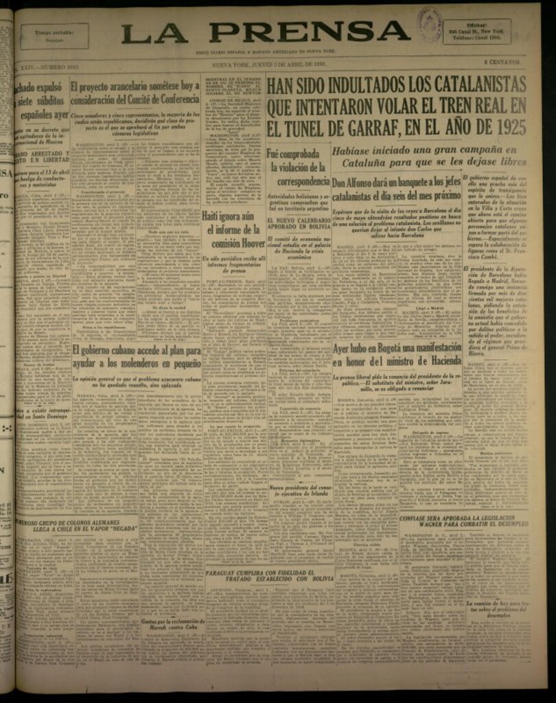 Miniatura de La Prensa: único diario español e hispano americano en Nueva York del 3 de abril de 1930, nº 3813