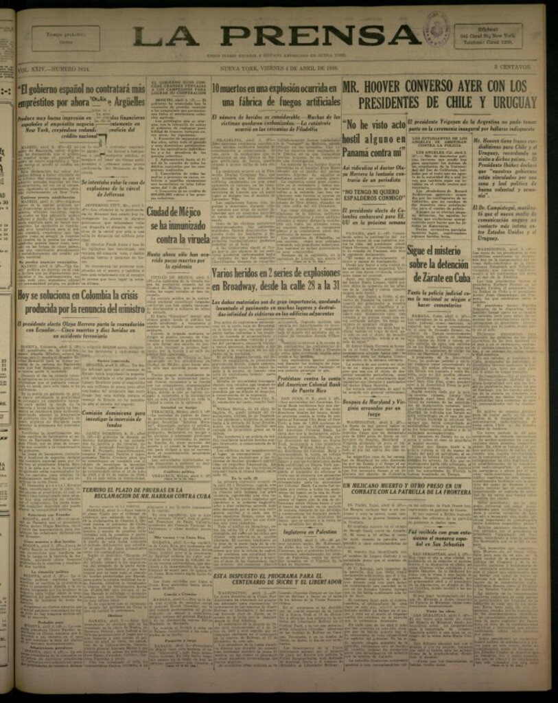 Miniatura de La Prensa: único diario español e hispano americano en Nueva York del 4 de abril de 1930, nº 3814