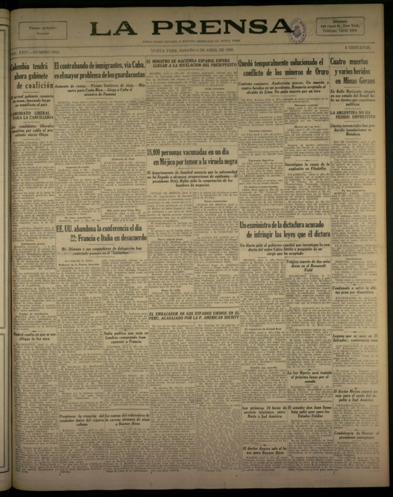 Miniatura de La Prensa: único diario español e hispano americano en Nueva York del 5 de abril de 1930, nº 3815