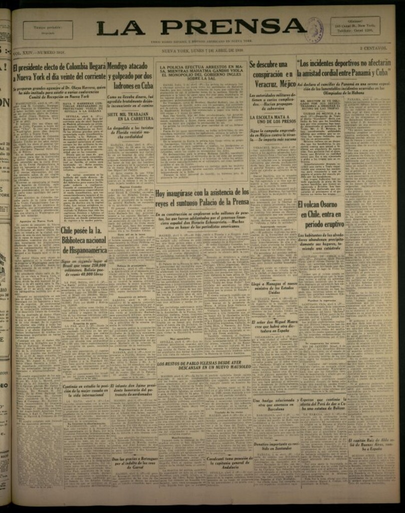 Miniatura de La Prensa: único diario español e hispano americano en Nueva York del 7 de abril de 1930, nº 3816