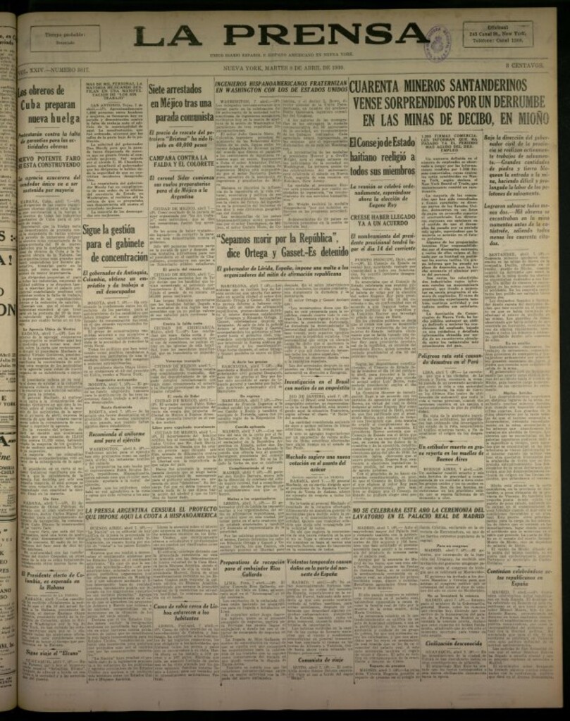Miniatura de La Prensa: único diario español e hispano americano en Nueva York del 8 de abril de 1930, nº 3817