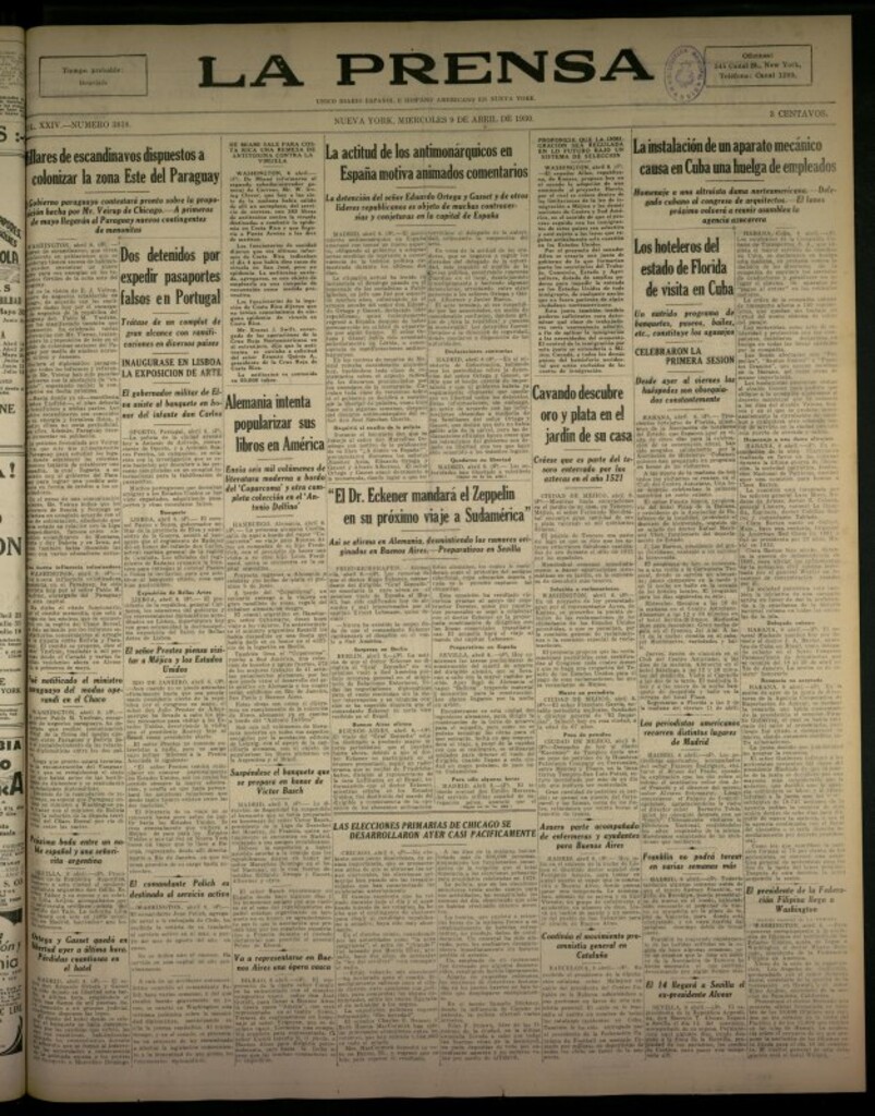 Miniatura de La Prensa: único diario español e hispano americano en Nueva York del 9 de abril de 1930, nº 3818