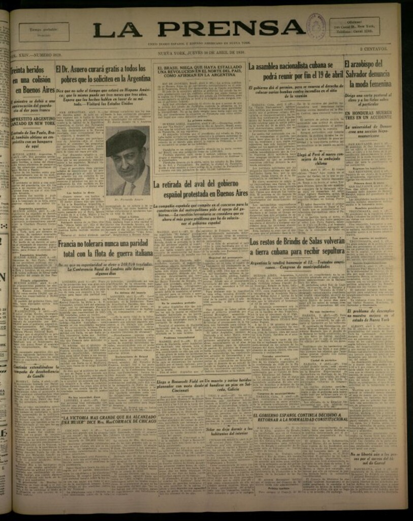 Miniatura de La Prensa: único diario español e hispano americano en Nueva York del 10 de abril de 1930, nº 3819
