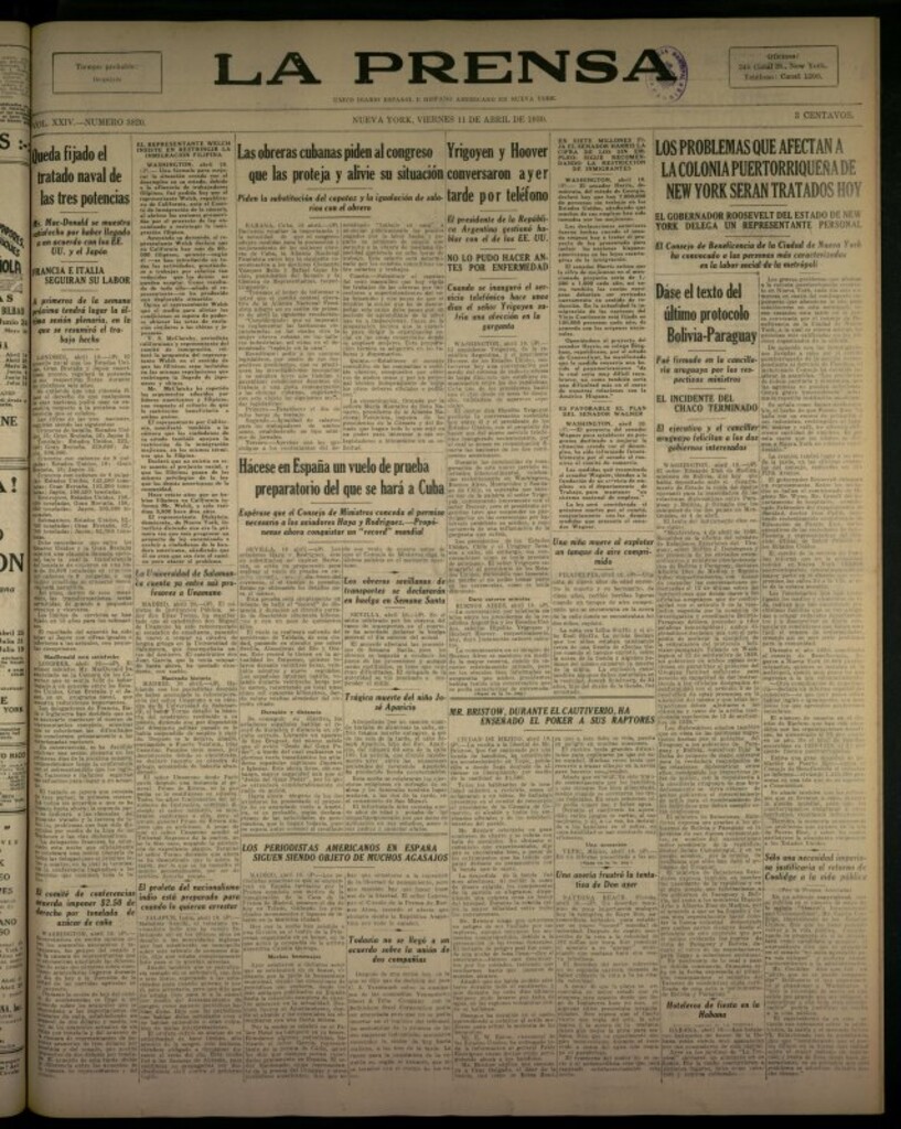 Miniatura de La Prensa: único diario español e hispano americano en Nueva York del 11 de abril de 1930, nº 3820