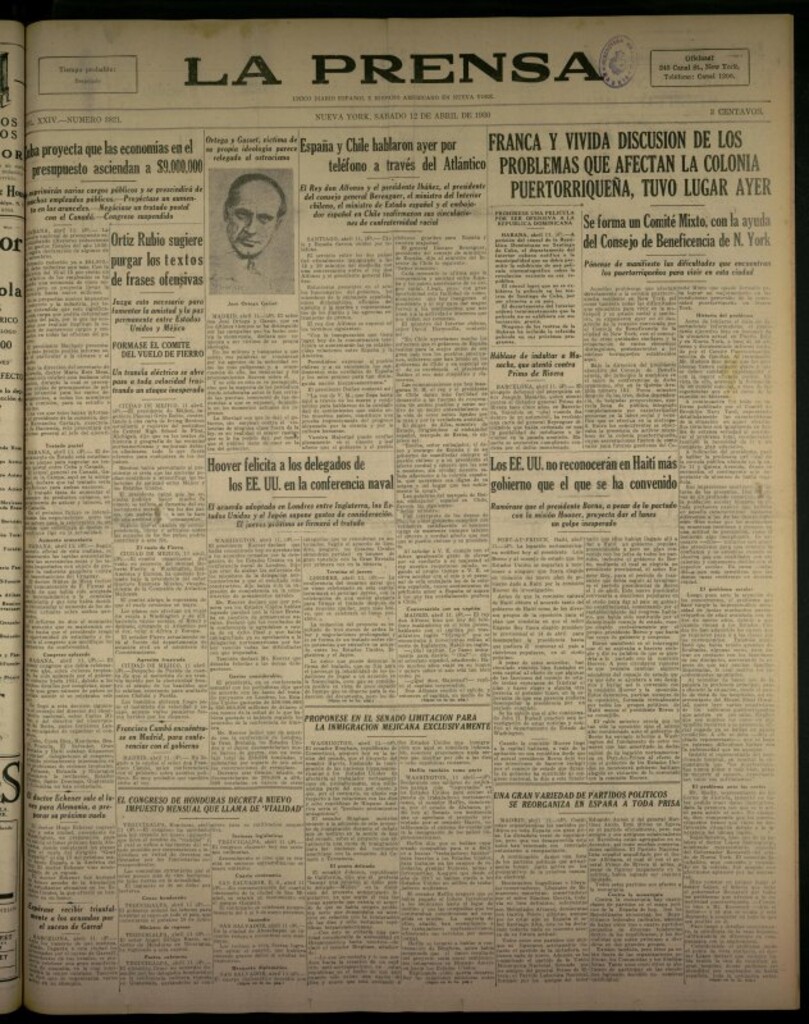 Miniatura de La Prensa: único diario español e hispano americano en Nueva York del 12 de abril de 1930, nº 3821