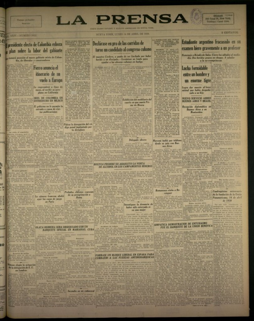 Miniatura de La Prensa: único diario español e hispano americano en Nueva York del 14 de abril de 1930, nº 3822