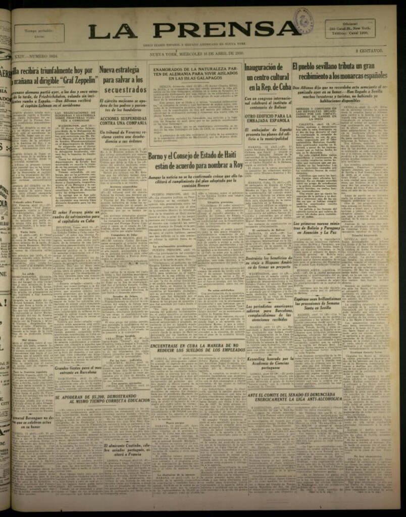 Miniatura de La Prensa: único diario español e hispano americano en Nueva York del 16 de abril de 1930, nº 3824