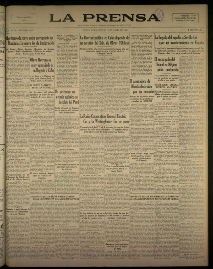 Miniatura de La Prensa: único diario español e hispano americano en Nueva York del 17 de abril de 1930, nº 3825