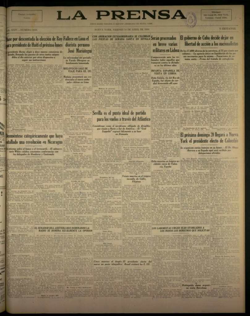 Miniatura de La Prensa: único diario español e hispano americano en Nueva York del 18 de abril de 1930, nº 3826