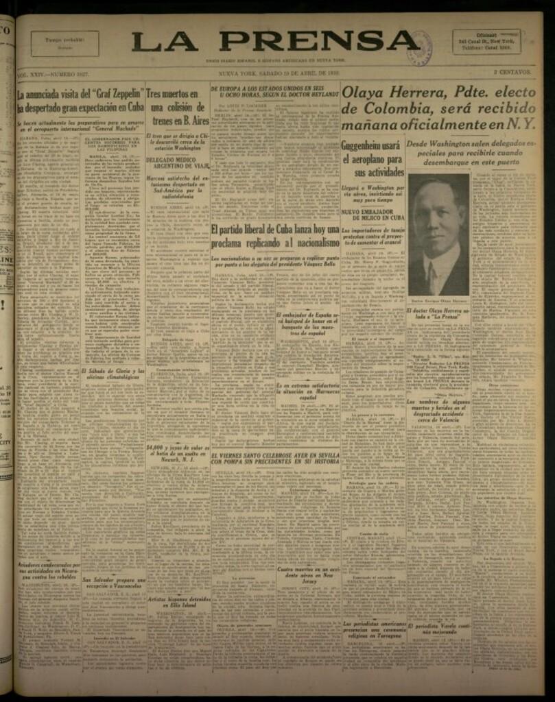 Miniatura de La Prensa: único diario español e hispano americano en Nueva York del 19 de abril de 1930, nº 3827