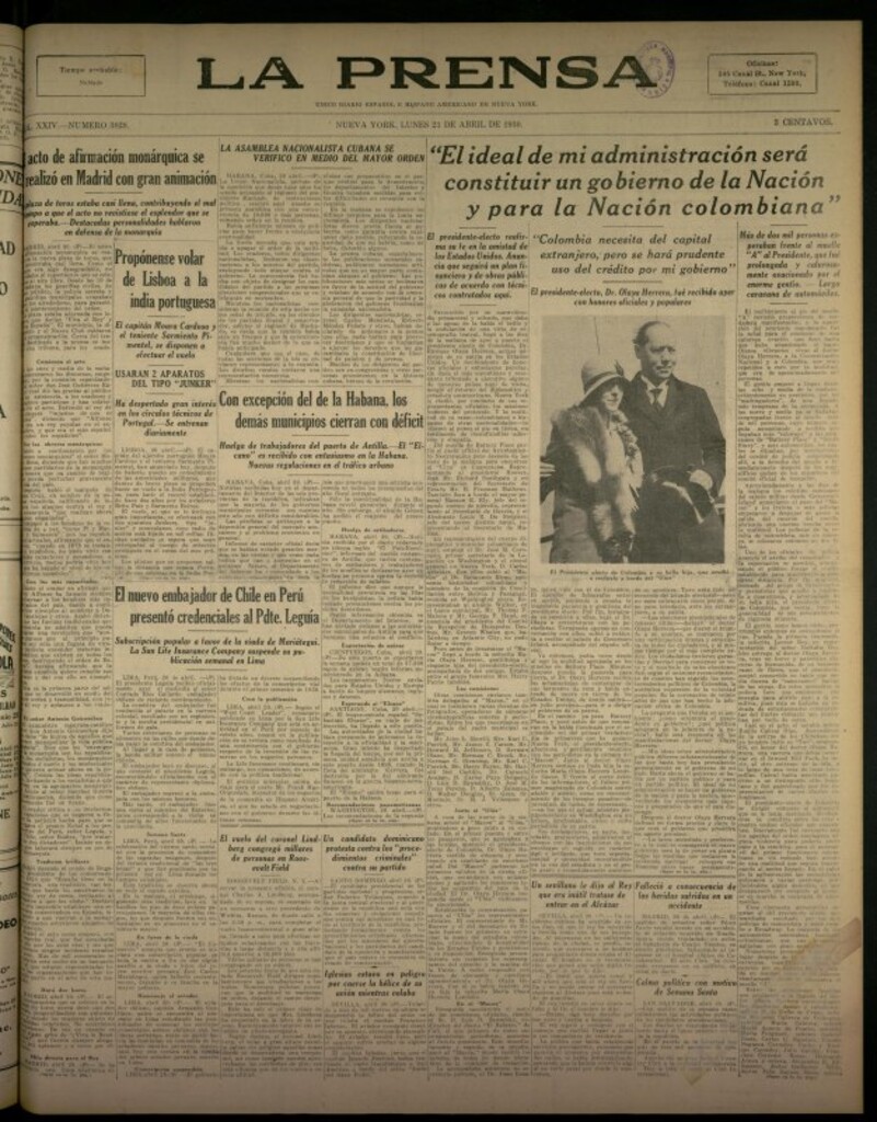 Miniatura de La Prensa: único diario español e hispano americano en Nueva York del 21 de abril de 1930, nº 3828