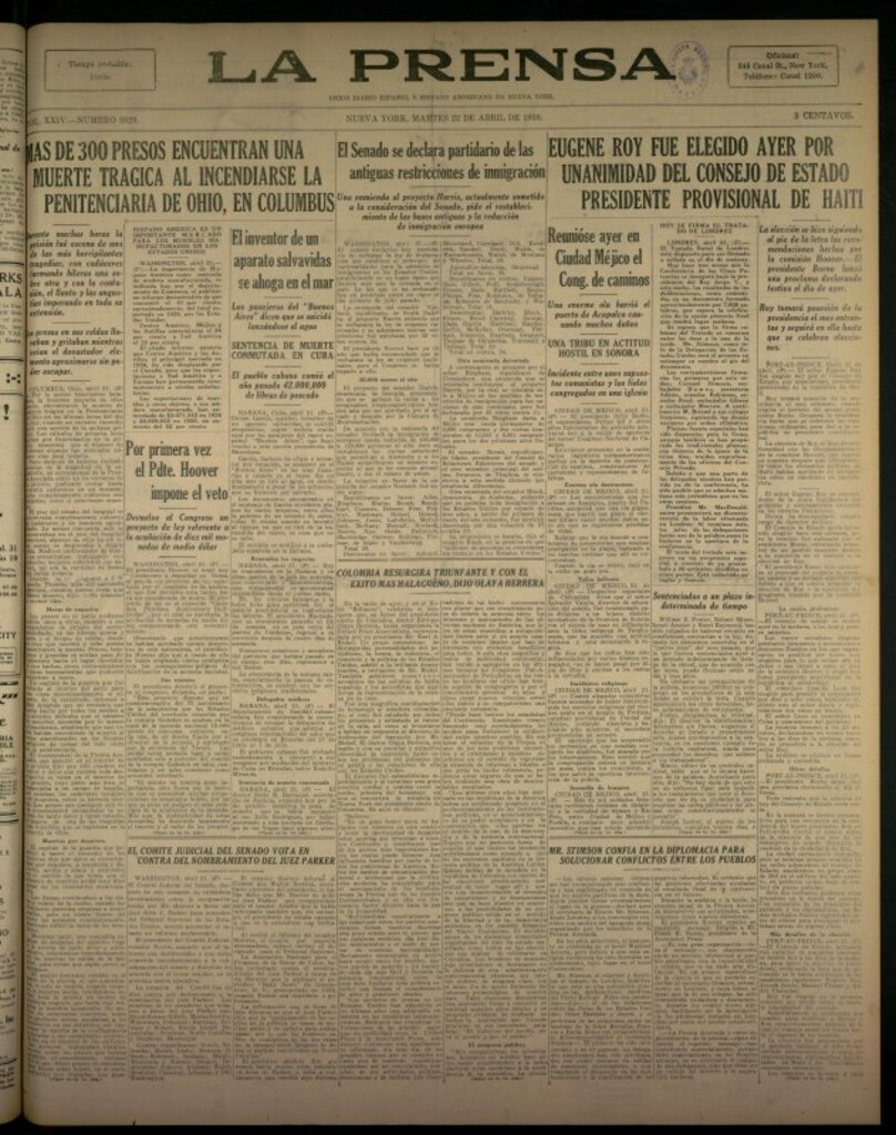 Miniatura de La Prensa: único diario español e hispano americano en Nueva York del 22 de abril de 1930, nº 3829