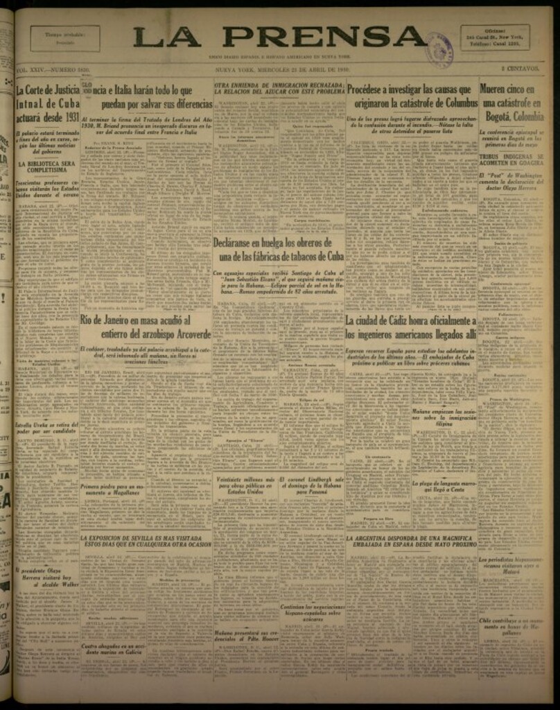 Miniatura de La Prensa: único diario español e hispano americano en Nueva York del 23 de abril de 1930, nº 3830