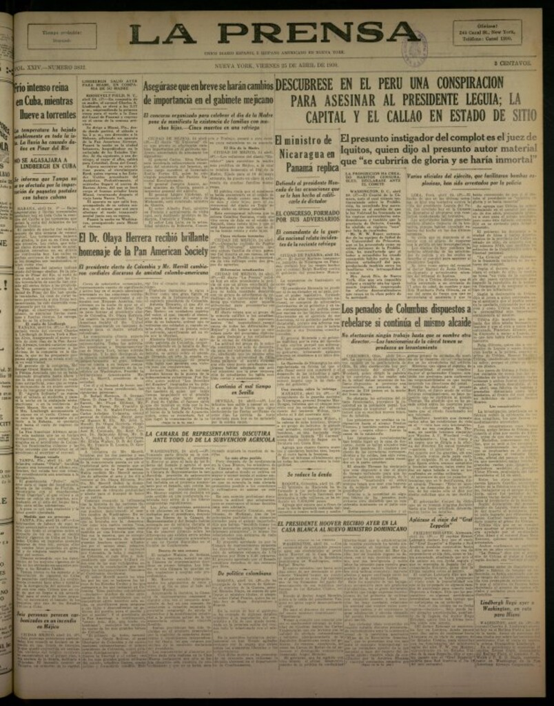Miniatura de La Prensa: único diario español e hispano americano en Nueva York del 25 de abril de 1930, nº 3832