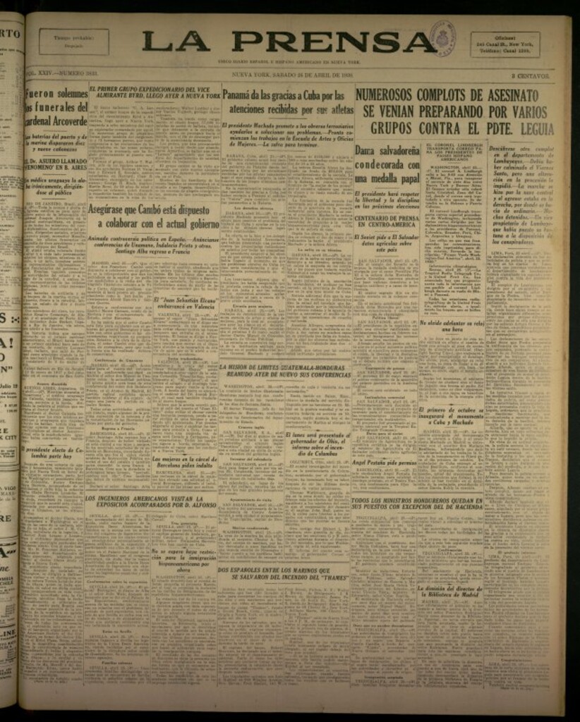 Miniatura de La Prensa: único diario español e hispano americano en Nueva York del 26 de abril de 1930, nº 3833