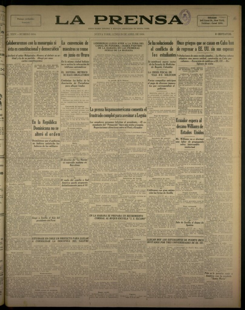 Miniatura de La Prensa: único diario español e hispano americano en Nueva York del 28 de abril de 1930, nº 3834