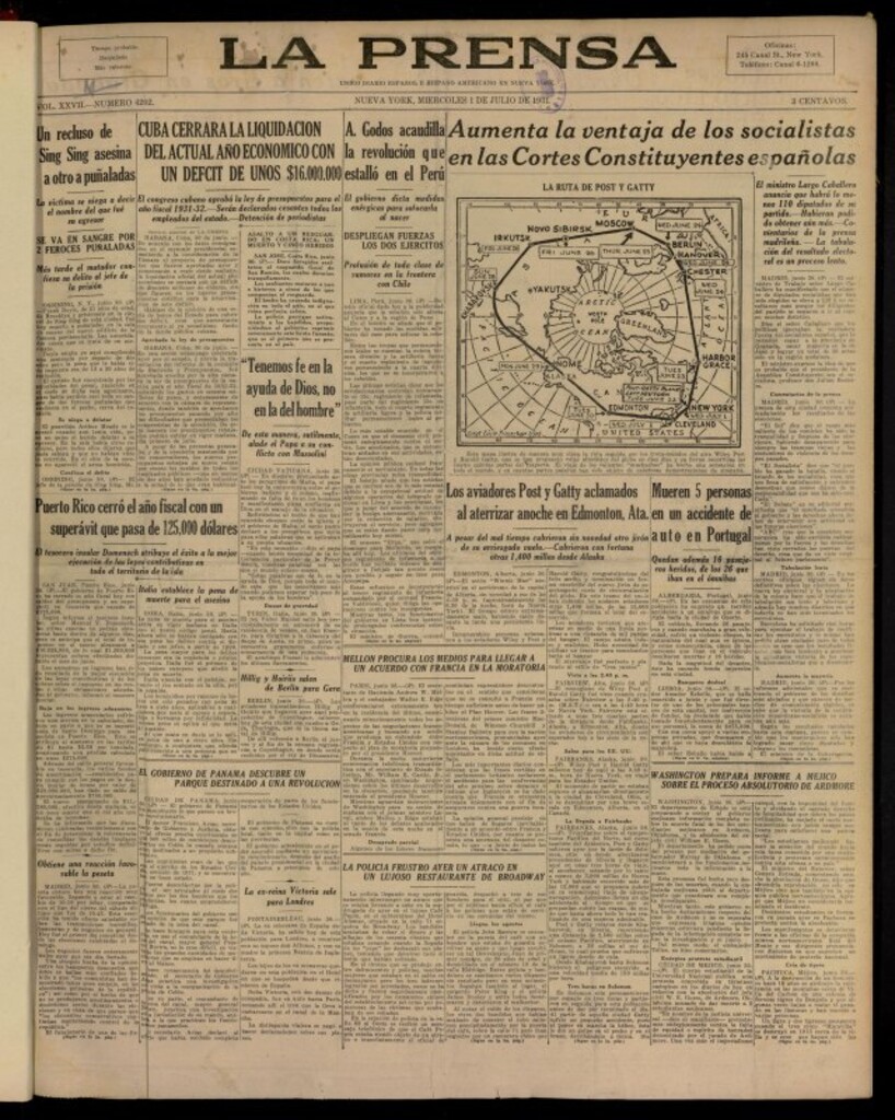 Miniatura de La Prensa: único diario español e hispano americano en Nueva York del 1 de julio de 1931, nº 4202