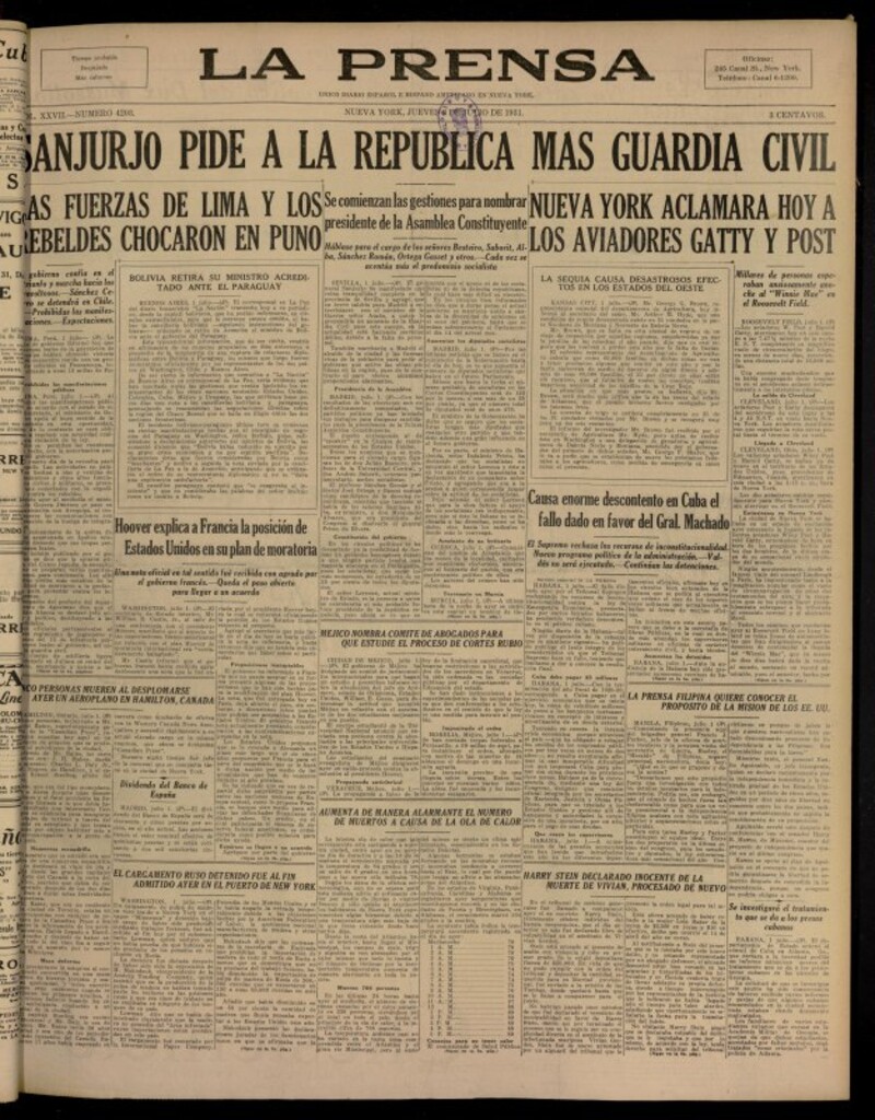 Miniatura de La Prensa: único diario español e hispano americano en Nueva York del 2 de julio de 1931, nº 4203