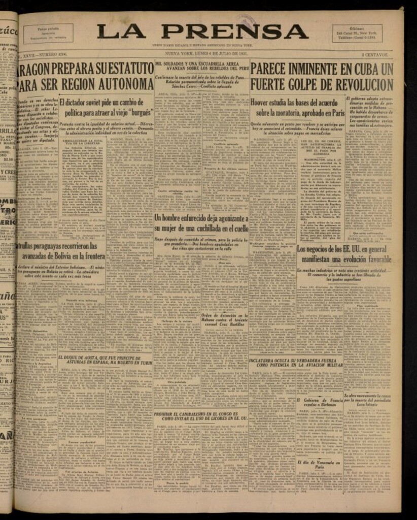 Miniatura de La Prensa: único diario español e hispano americano en Nueva Yor, de 6 de julio de 1931, nº 4206