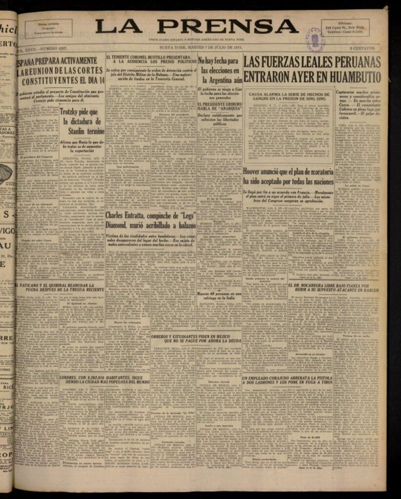 Miniatura de La Prensa: único diario español e hispano americano en Nueva Yor, de 7 de julio de 1931, nº 4207