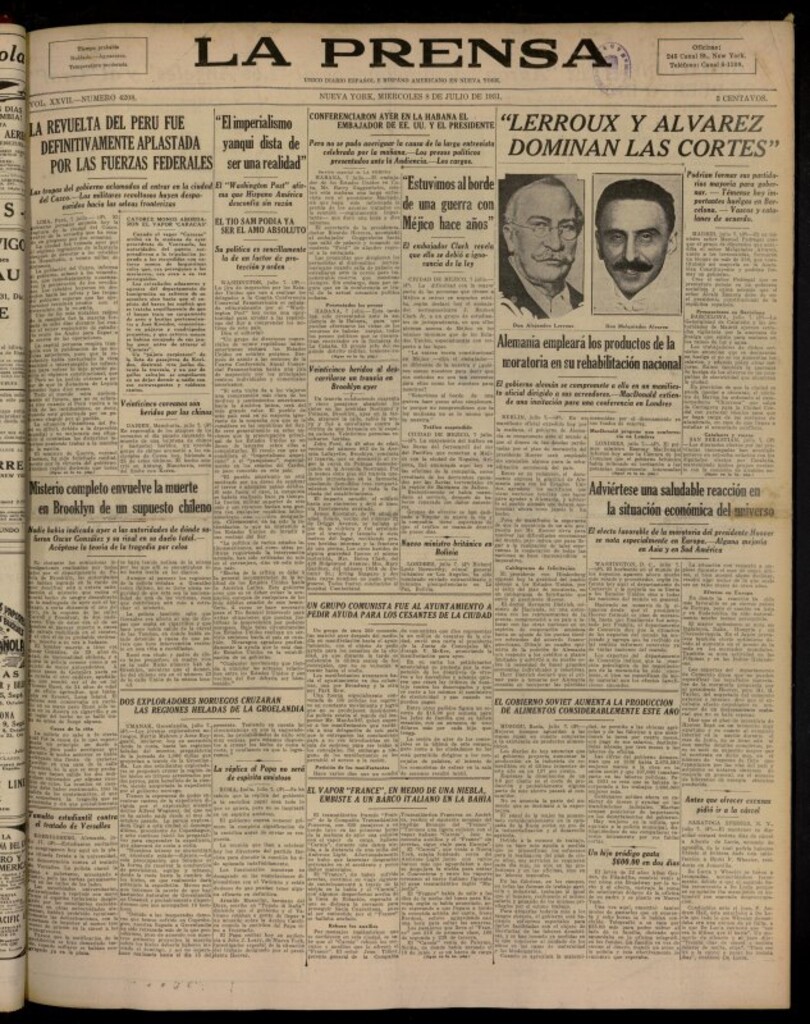 Miniatura de La Prensa: único diario español e hispano americano en Nueva York del 8 de julio de 1931, nº 4208