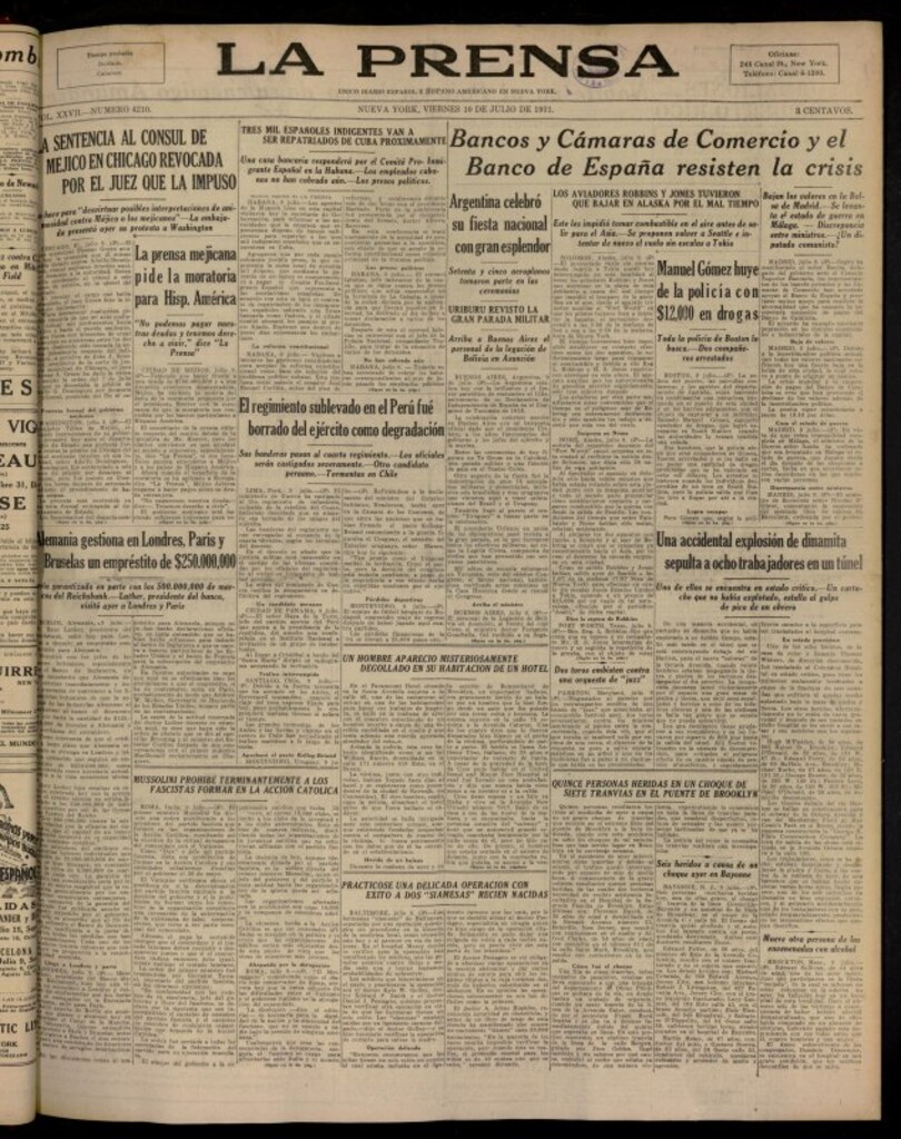 Miniatura de La Prensa: único diario español e hispano americano en Nueva York del 10 de julio de 1931, nº 4210