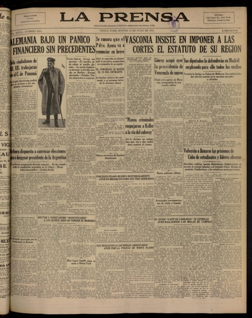 Miniatura de La Prensa: único diario español e hispano americano en Nueva York del 14 de julio de 1931, nº 4213