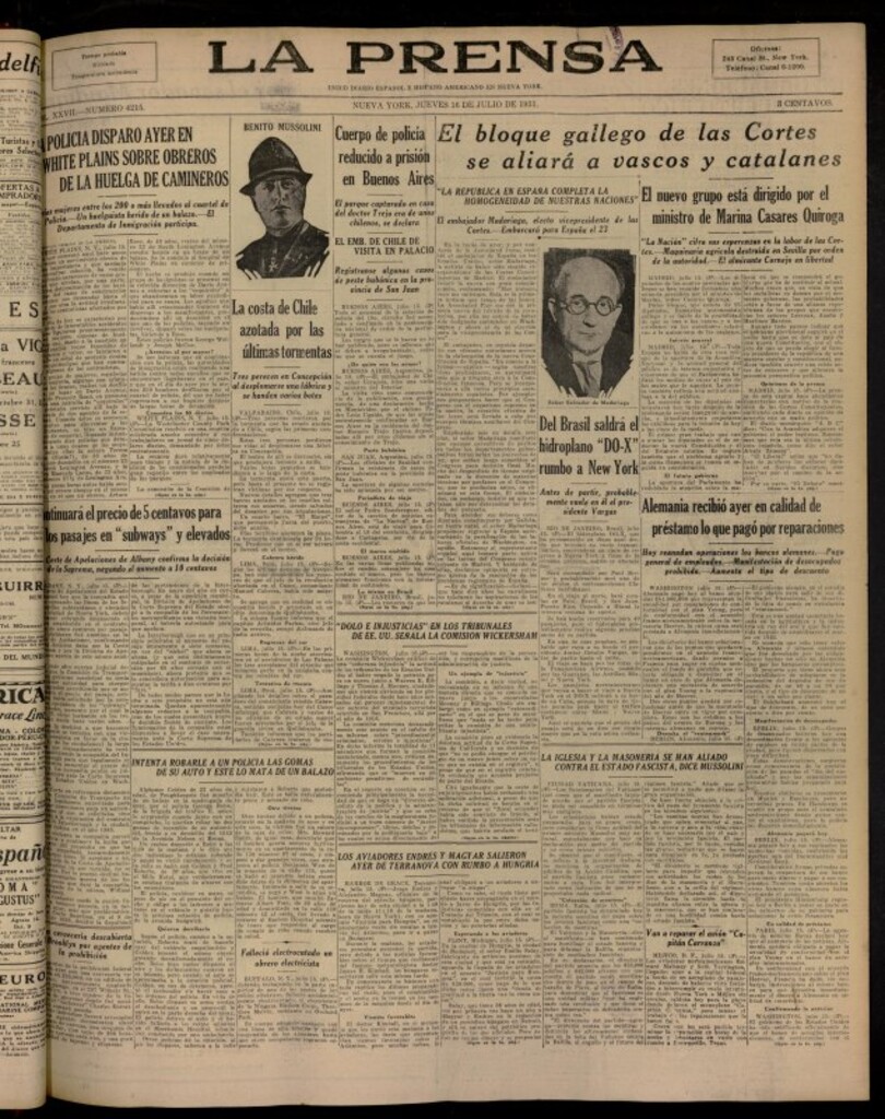 Miniatura de La Prensa: único diario español e hispano americano en Nueva York del 16 de julio de 1931, nº 4215