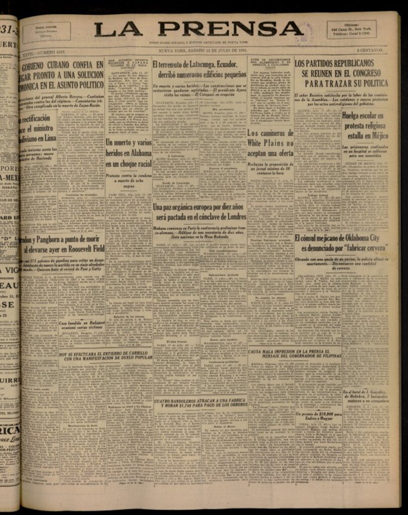Miniatura de La Prensa: único diario español e hispano americano en Nueva York del 18 de julio de 1931, nº 4217
