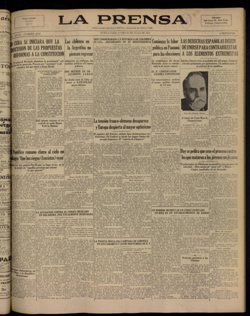 Miniatura de La Prensa: único diario español e hispano americano en Nueva York del 20 de julio de 1931, nº 4218