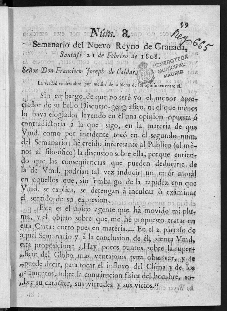 Miniatura de Semanario del Nuevo Reyno de Granada, Núm. 8.